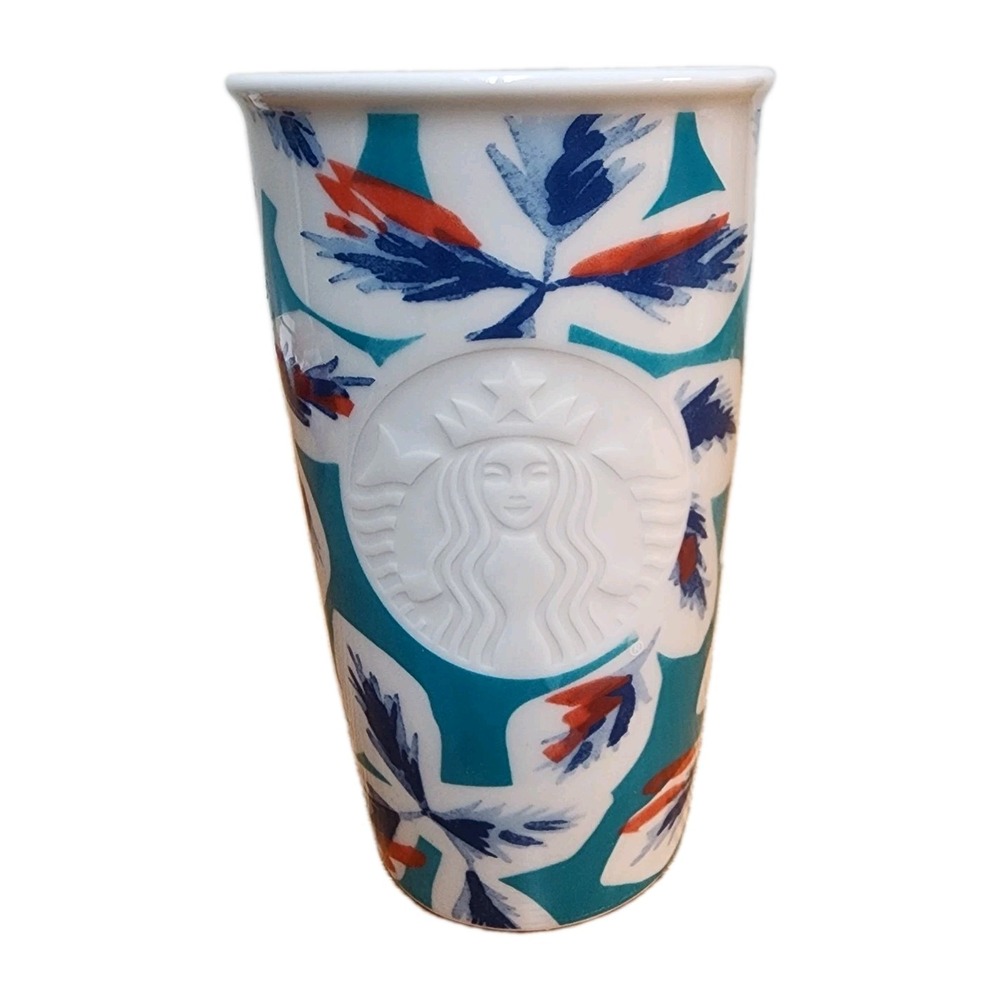 Starbucks Travel Mug 2016 Ceramic Tumbler Spring Teal Coral Leaf Raised Mermaid